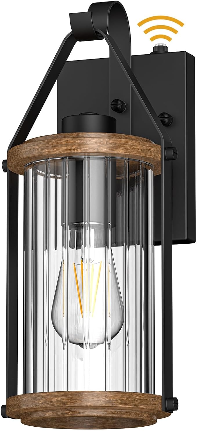 Dusk to Dawn Outdoor Light Front Porch Light Waterproof Exterior Lighting Fixtures Wood Effect Glass Modern Outside Light for House Patio Yard Garage Black 1 Pack