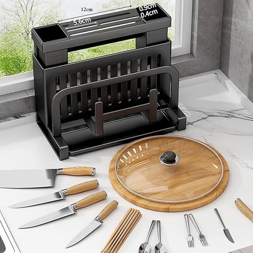 Kitchen Knife Block Organizer with Drip Tray | Ventilated Countertop Storage for Knives Cutting Boards &amp Pot Lids | Space Saving Keeps Dry(GrayB)