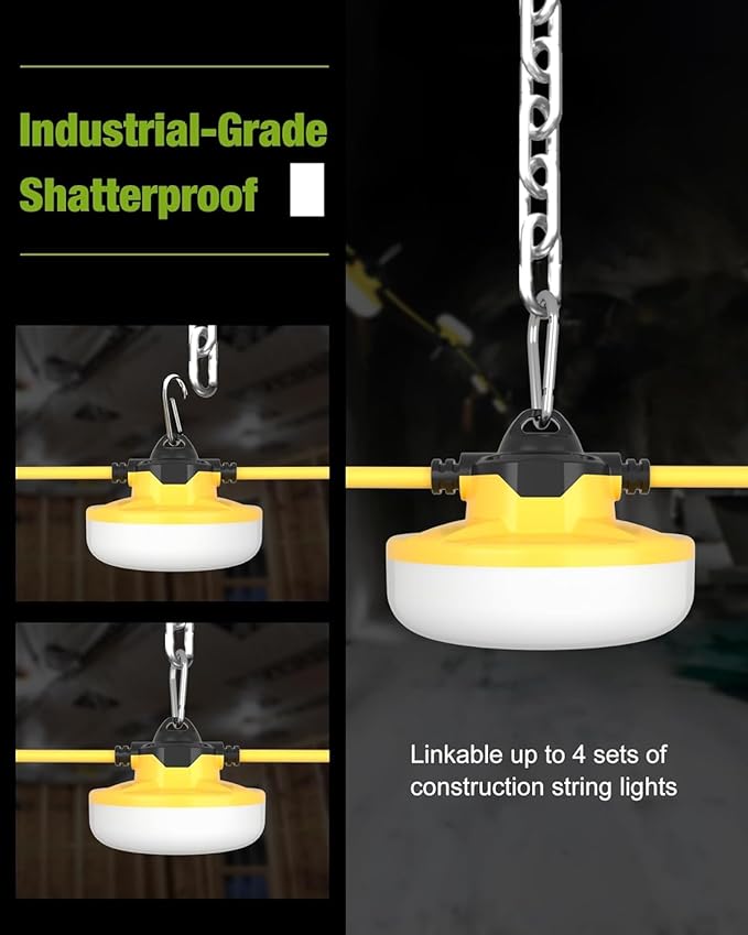 YXL 130W 16000LM Construction String Lights Temp Lighting 100FT Industrial LED Work String Lights IP65 Waterproof Super Bright for Construction Sites Temporary Work Jobsites Outdoor Lighting