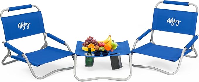 #WEJOY 2 Beach Chairs and Table Set Lightweight &amp Folding Backpack Beach Chair for Outdoor Beach Lawn Camping Picnic Blue Beach Chairs Set