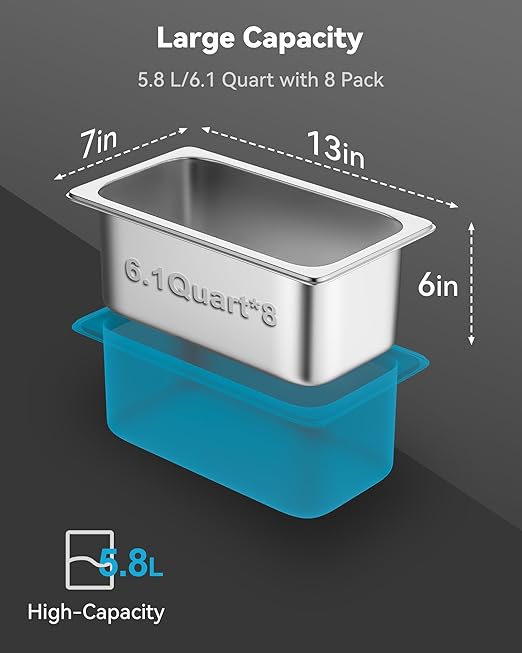8 Pack Hotel Pans with Lids 1/3 Size 6 Deep Stainless Steel Steam Table Pan 22 Gauge Anti Jam Commercial Food Pans for Hotel Party Buffet Catering Supplies