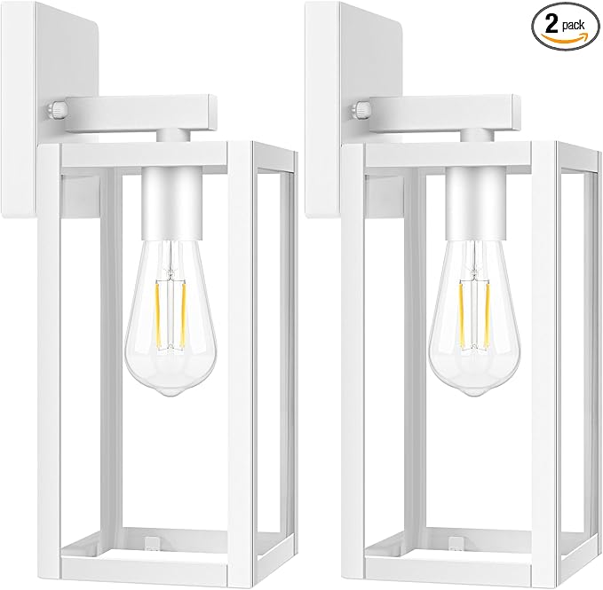 Brightever 2-Pack Outdoor Wall Light Fixtures Waterproof Anti-Rust Outside Wall Sconce Lantern with Clear Glass Exterior Front Porch Lights for House Garage Doorway Bulbs Not Included White
