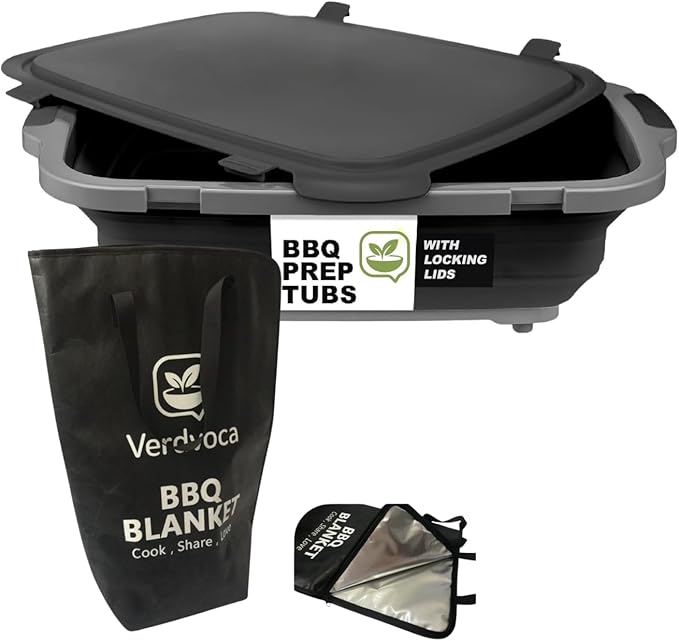 16L Black Collapsible BBQ Prep Tub with Locking Lids &amp 21 Inch Pro Tyvek Black BBQ Blanket for Resting Meat