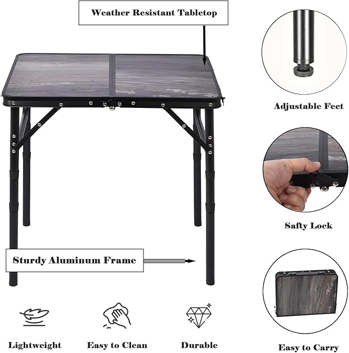 Small Folding Camping Table 2ft Portable Picnic Table Aluminum 24 x 16 3 Adjustable Heights Portable Lightweight Table Dining for RV Picnic Beach (Black Lava)