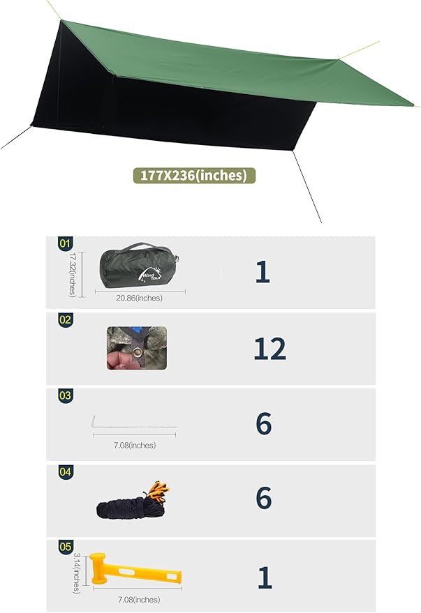 Wind Tour Portable Multifunctional Tent Footprint Traveling Awning Backpacking Tarp Rain Fly Waterproof Shelter Outdoor Camping Sun Shelter for Hiking Beach (Green-177236 in)