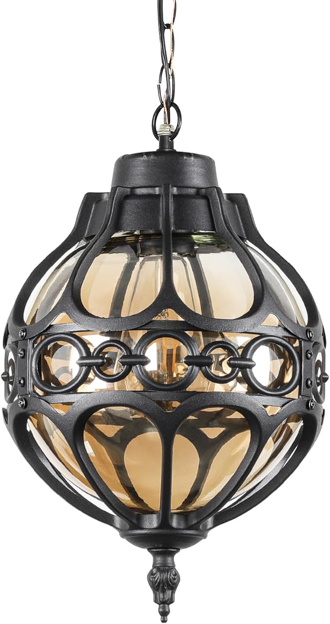 Globe Outdoor Pendant Lights for Porch Patio Garage Matte Black Aluminum Anti-Rust Hanging Light Fixture Industrial Round Amber Glass Exterior Chandelier Outside Pendant Lamp Lantern