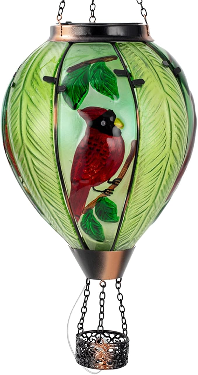 Large Hot Air Balloon Cardinal Solar Lantern Lights with Flame Green Glass Balloon Lantern Waterproof Outdoor Decor for Garden Yard Patio Birthday Mother's Day Gifts for Moms Women
