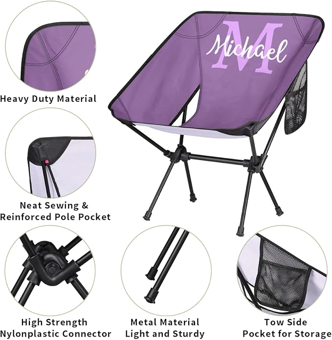 Custom Purple Portable Camping Chair Personalized Backpacking Chair with Name Lightweight Foldable Chairs for Hiking Beach