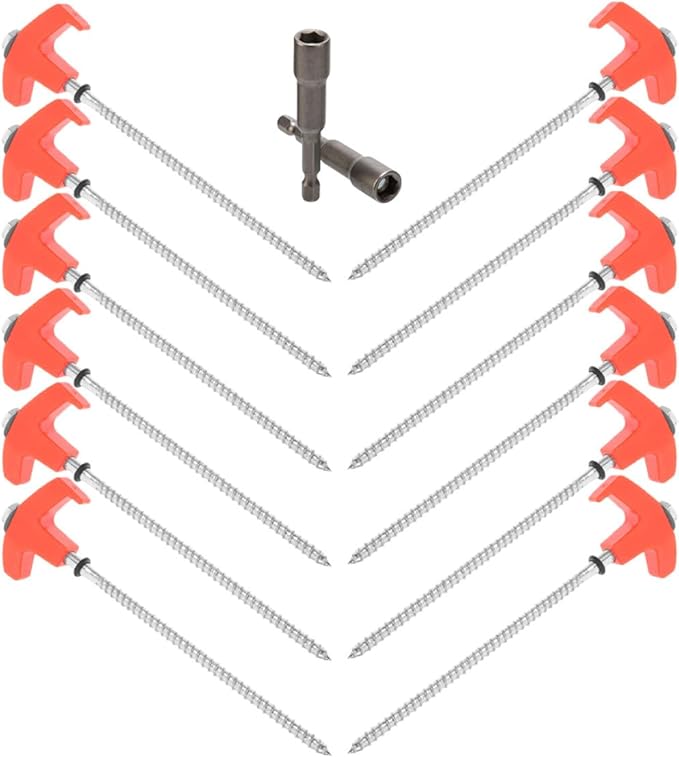 13pcs Heavy Duty Metal Screw Tent Stakes with Six-Sided Head Ground Anchor Pegs for Camping and Outdoor Shelters Sturdy 9.8-inch Screw-in Tent Pegs Set for Lawn and Hiking