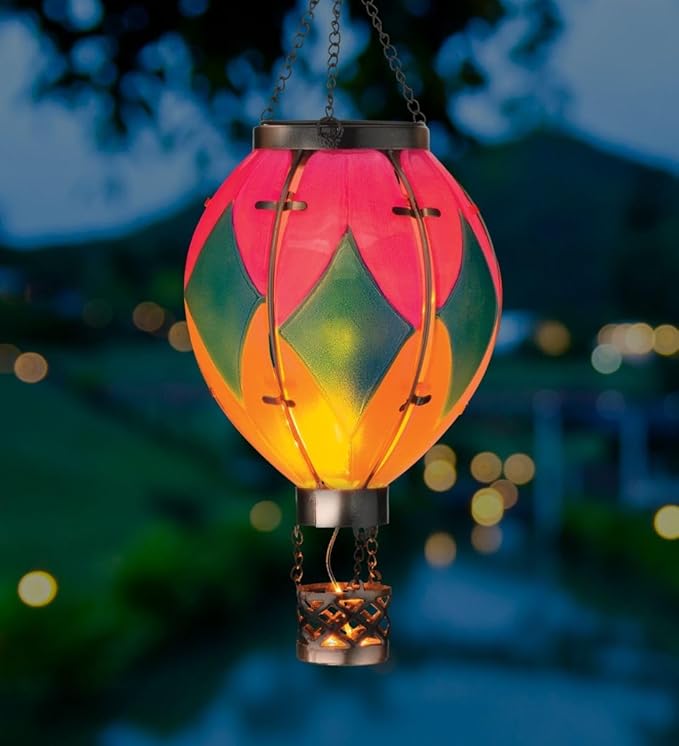 Regal Art &amp Gift Hot Air Balloon Solar Lantern – Hanging Solar-Powered LED Lights Waterproof Portable Decorative Outdoor Lamp Made of Metal &amp Glass for Garden Patios &amp Pathway – Diamond