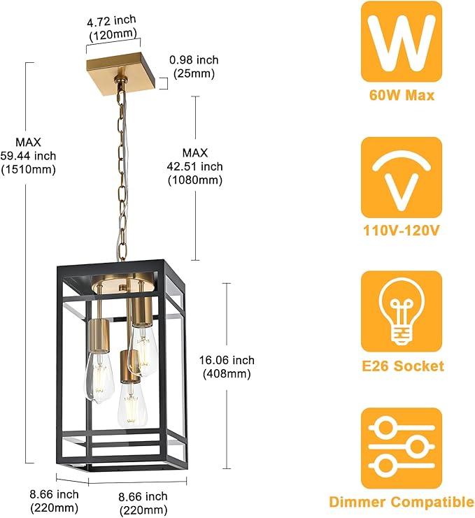3-Light Outdoor Pendant Lights for Porch Black &amp Brushed Brass Outdoor Chandelier 16'' Exterior Hanging Porch Light Fixtures w/Clear Glass Waterproof Outside Pendant Lantern for Garage