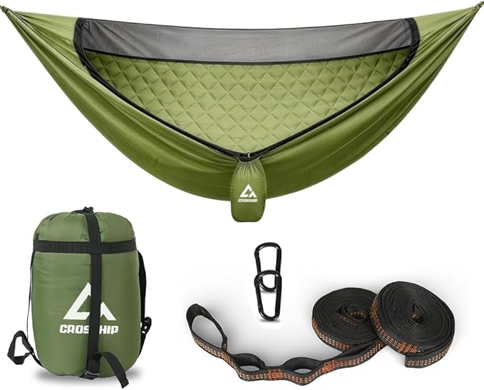 Camping Hammock with Mosquito Net with Built-in Underquilt - Built-in Quilt for Lightweight Soft Warm 4 Seasons Great for Hiking Backpacking Camping Travel(Hold Up to 500lbs) - Olive Green