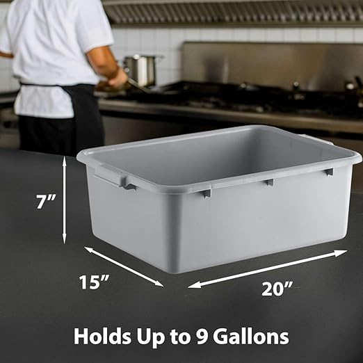 3-Pack 20 x 15 x 7 Commercial Bus Tub/Bus Box - 9 Gallons without Lid - Stackable Dish Storage Boxes for Home Kitchen Pantry or Garage Organization – Heavy-Duty and Freezer-Safe - Gray