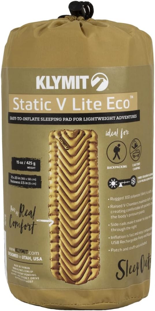 Klymit Static V Lite ECO Sleeping Pad Lightweight Inflatable Camping Pad - BlueSign Approved Fabric