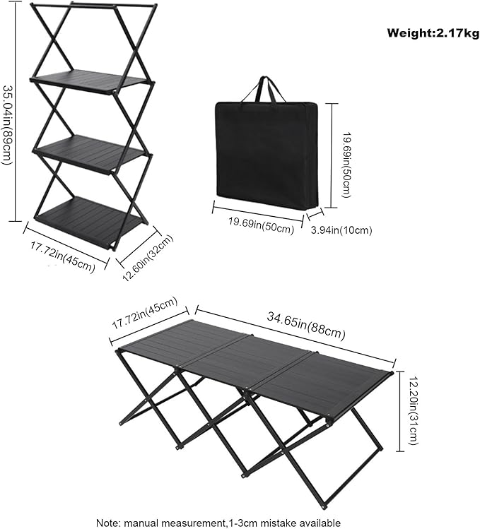 Portable Collapsible Table 3Tier Storage Racks Dual Purpose Folding Lightweight Aluminum Roll Up Large 3ft for Indoor Outdoor Picnic Backyard Camp Kitchen