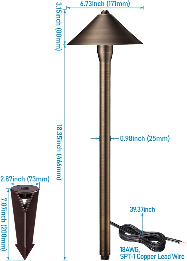 LEONLITE Conehead Solid Cast Brass Pathway Light 12V Low Voltage Landscape Lights for Walkway Garden Work with G4 Bulb (Bulbs Not Included) IP65 21.5'' Tall 6.73'' Shade Bronze Pack of 2
