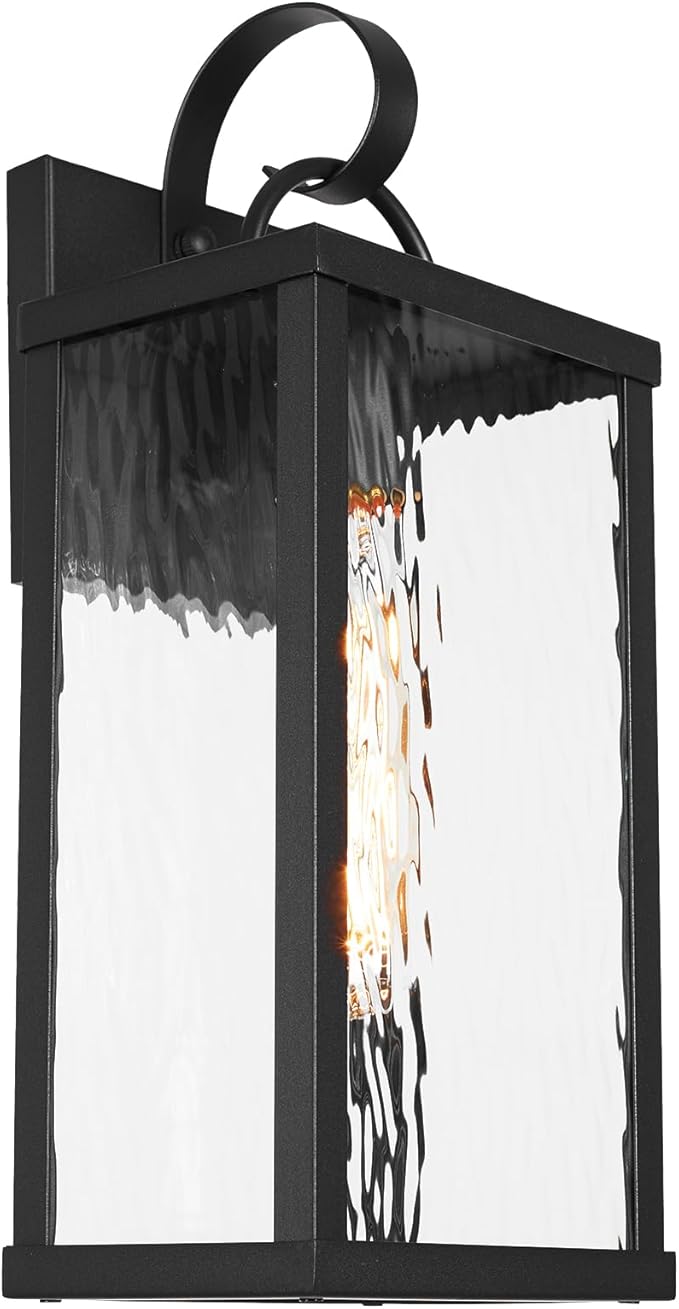 Outdoor Wall Light Fixture Modern Black Exterior Wall Lantern with Water Ripple Glass Farmhouse Vintage Waterproof Wall Sconce Porch Light for Patio Garage Front Door Garden Yard E26