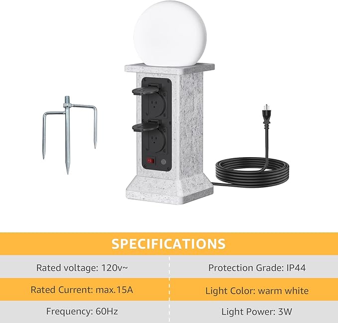 uuffoo Pathway Lights with Outdoor Outlet 4-Socket Marble Look Weatherproof Plug Cover with LED Ball Light Dusk-to-Dawn Sensor 3M Cord Landscape Lighting for Patio Garden Walkway Driveway Decor
