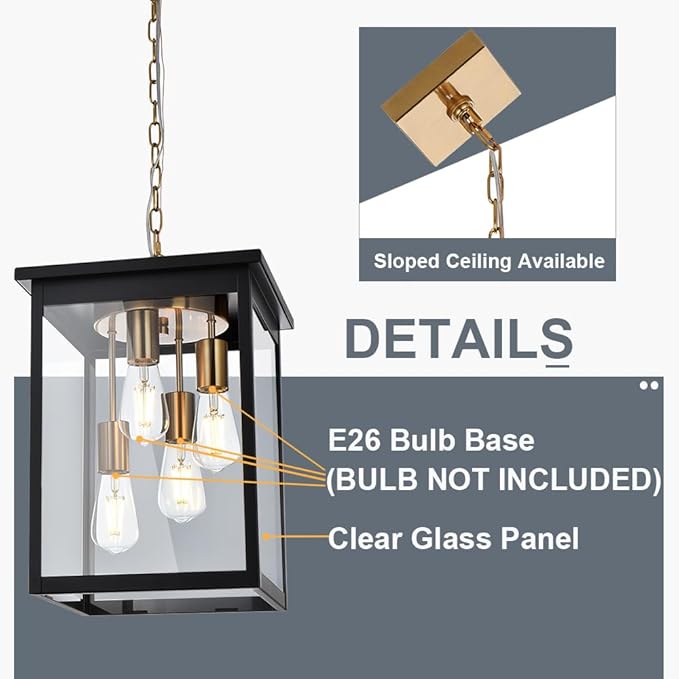 TODOLUZ Outdoor Pendant Light Fixtures 4-Lights Large Outdoor Ceiling Hanging Lanterns in Black &amp Brushed Brass Farmhouse Exterior Chandelier for Front Door Entry Patio