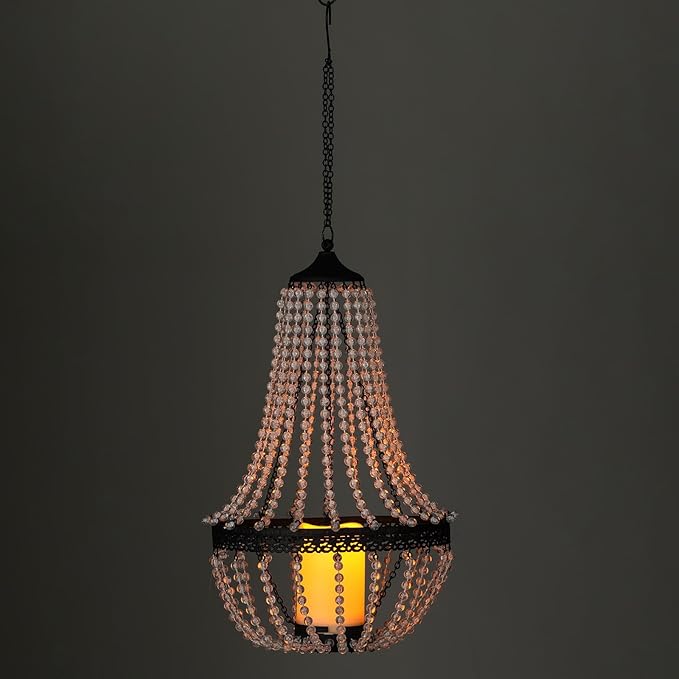 Hanging Candle Lantern Outdoor 27” Battery Operated Modern Clear Acrylic Crystal Chandeliers with Flickering Yellow Led Candle Light S Hooks for Garden Backyard Gazebo Room Indoor Indoor Decor