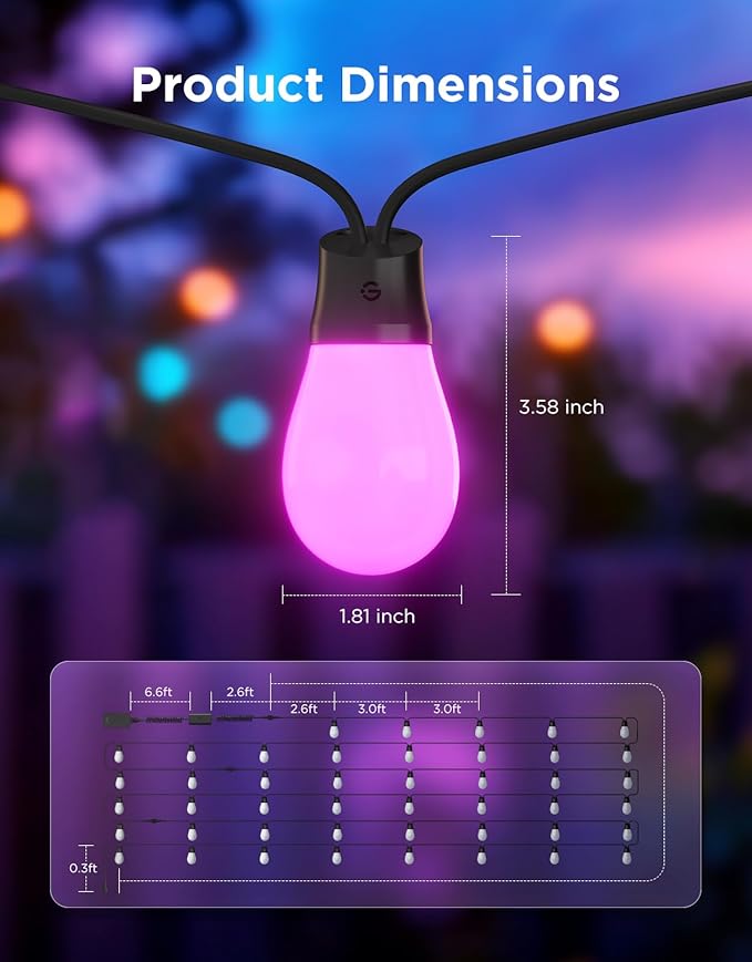 Govee S14 Bulb Outdoor String Lights 2 144ft RGBIC Smart Warm White Outdoor Lights with 15 LED Bulbs 111 Scene Modes for Outdoor Decor IP66 Compatible with Alexa Google Matter APP Control