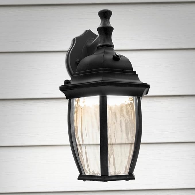 Maxxima LED Outdoor Wall Light - Features Clear Water Glass 3000K Warm White 580 Lumens Dusk to Dawn Photocell Light Sensor Patio or Porch Sconce Fixture Ideal for Exterior Decor Lighting - Black