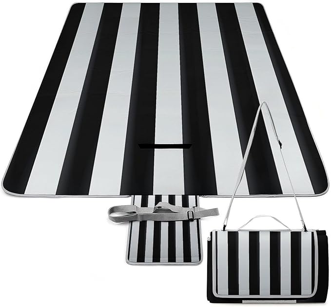 Black and-White Stripes Beach BlanketPortable Waterproof Picnic Blanket58.3''x 58.3'' Extra Large Picnic Mat for BeachCamping Grass Lawn Park Accessorie for Festival BBQ