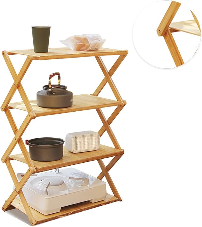 Wood Rack Portable Strong Bearing Capacity Folding Wooden Shelf for Outdoor Picnic 3 Layer Down Into Lightweigh Wood RackFolding Wooden ShelfCamping Portable Folding ShelfFolding (4 Layers)