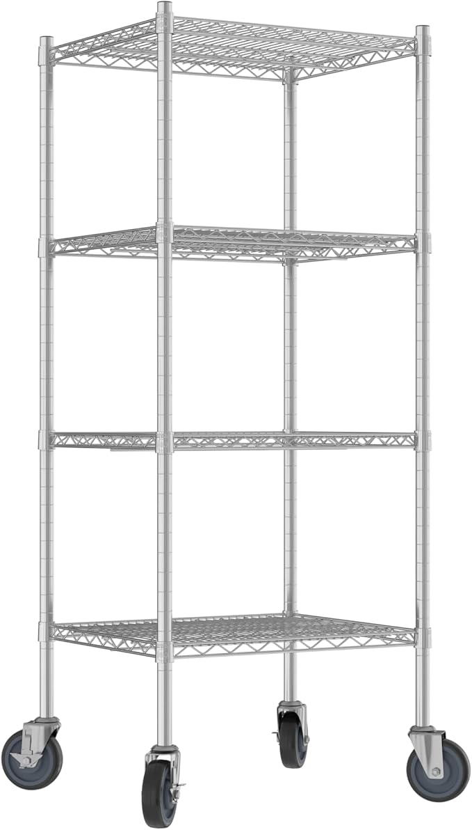 Commercial NSF Listed Chrome Mobile Wire Shelving Kit 21 x 24 x 60 with 4 Shelves Perfect for Warehouse Walk-in Refrigerator Freezer Grocery Store Restaurant Dishroom