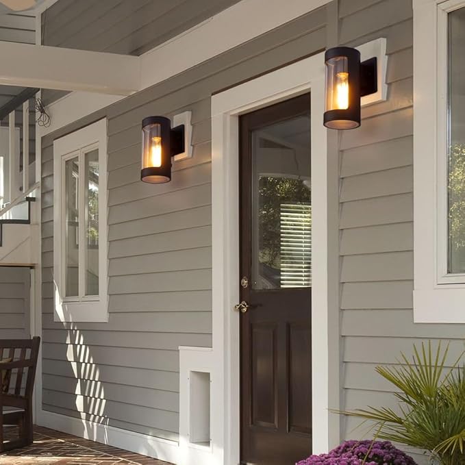 Cerdeco Black Outdoor Wall LightsCylinder Aluminum Porch Light with Transparent GlassModern Outdoor Wall Sconces2 Pack