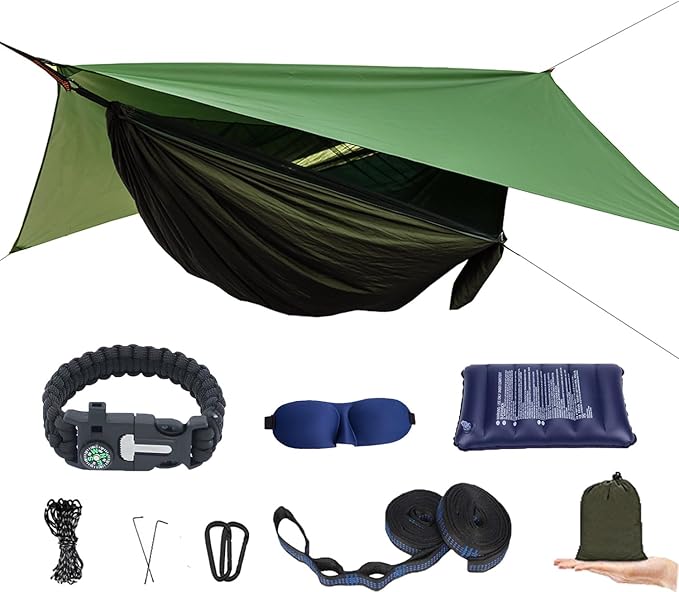 Camping Hammock with Mosquito Net and Rain Fly - Travel Hammock Bug Net - Hammock Tent for Outdoor Hiking Backpacking Travel Camping Accessories and Camping Gear… Military Green