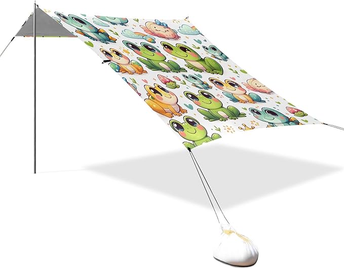 ALAZA Cartoon Frog Cute Animal Beach Tent Sun Shelter UPF50+ Protection Beach Shade Canopy w/ 4 Sandbags for Outdoor Camping Fishing Backyard Fun Picnic 10x9 ft