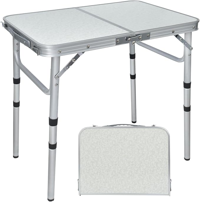 Aluminum Folding Table - Premium Portable Lightweight and Adjustable Camping Table for Outdoor Adventures Picnics and Home Use - Durable and Compact Design 2ft with Carry Handle (White)