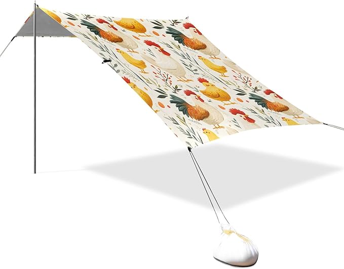 Rooster Hen Chicken Leave Pattern Camping Sun Shelter Beach Tent Portable Beach Sun Shade Outdoor Canopy for Camping Trips Fishing Picnic