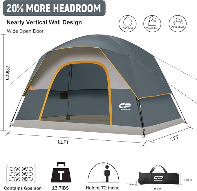 Tents for Camping 6 Person Tent Waterproof Windproof Double Layer Family Camping Tent Easy Setup Dome Tent with Large Mesh Windows &amp Wider Door for Outdoor Camping &amp Hiking