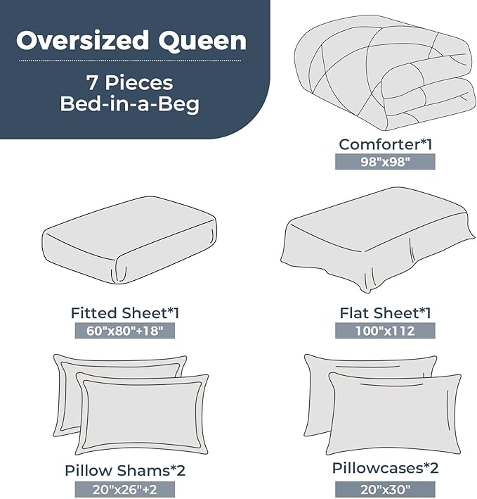 HEVUMYI Oversized Queen Comforter Set - 7-Piece All Season Bed in a Bag Oversized Queen Ultra Soft Bedding Set with Comforter Flat Sheet Fitted Sheet Pillowcases Pillow Shams Black &amp Light G