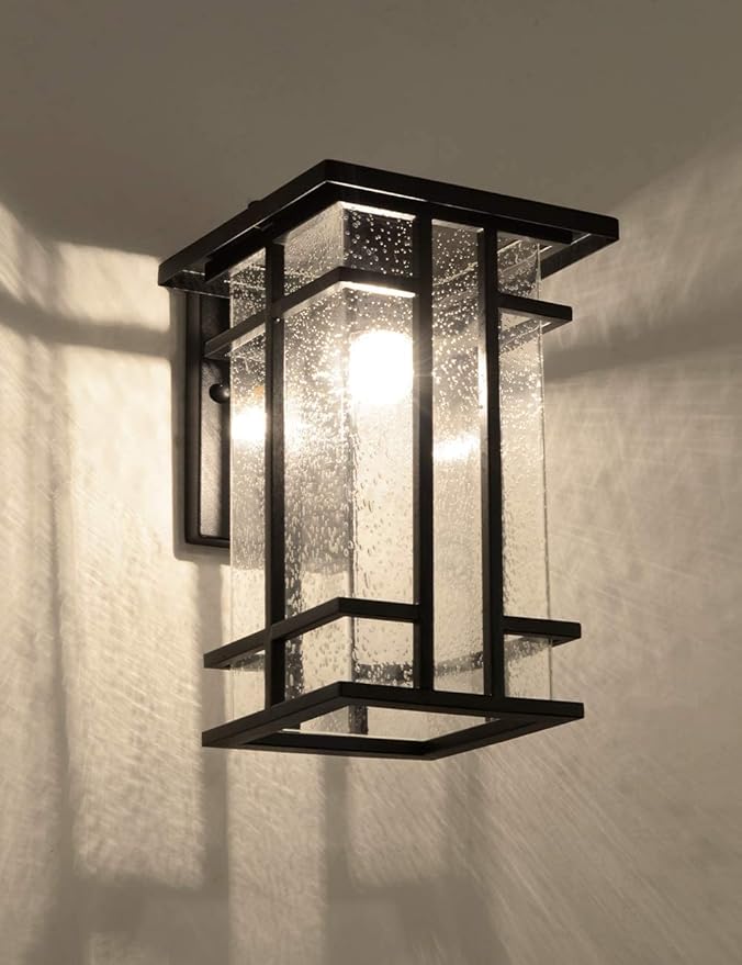 Rustic Dusk to Dawn Outdoor Wall Light Fixture 13.8H Waterproof Exterior Wall Sconces Black Metal with Seeded Glass Sensor Outdoor Wall Lantern for House Patio PorchEntrywayGarage Wall Lamps