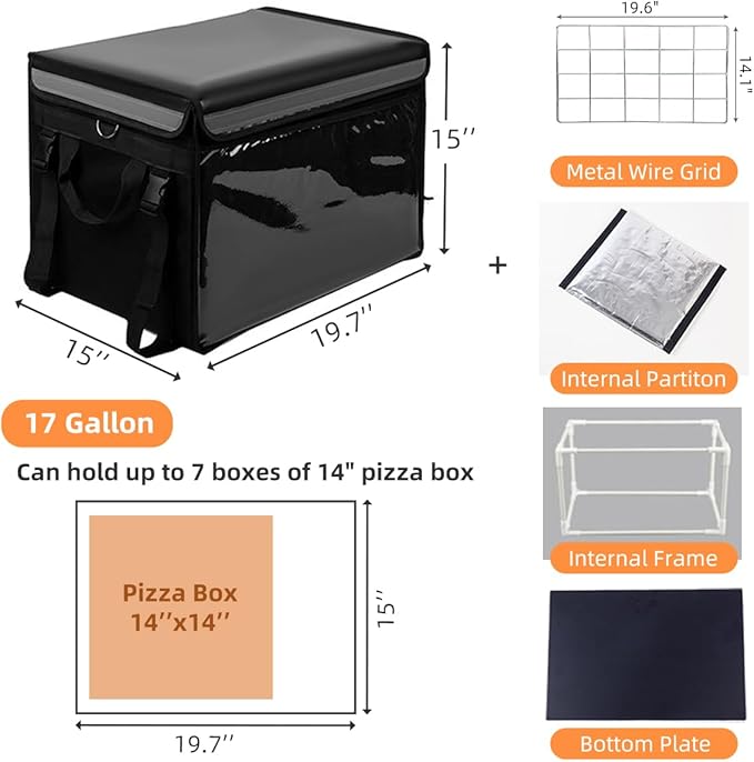 TooCust Large Insulated Food Delivery Bag with Fixed Base and Internal Frame XXL 19.7 x 15 x 15 Commercial Pizza Delivery Bag w/Divider Waterproof &amp Foldable Catering Bag Food Deliveries Bl