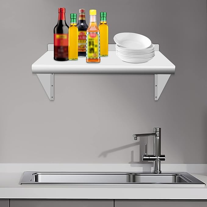 Stainless Steel Shelf 24'' x 12'' 110lbs Wall-Mounted Commercial Shelves with Triangular Brackets Metal Shelf for Home Restaurant Cafeteria