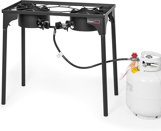 2 Burner Propane Gas Stove with 0-3 PSI Adjustable Regulator and Removable Legs Gas Burners for Cooking Perfect for Home Brewing Seafood Boil and Camping