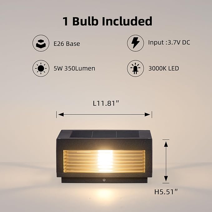Solar Post Light11.81''x11.81'' Waterproof Column Pillar Lights Dusk to Dawn Modern Lamp Posts 3000K LED E26 Bulb Decoration Lantern for Garden Fence Patio Driveway