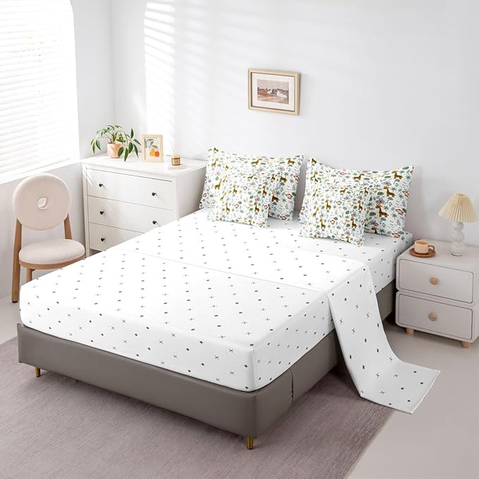 Cute Giraffe Monkey Comforter Set with SheetsPillowcases &amp Cushion Cover Zoo Animal 7 Piece Bedding Set for Kids Boys Girls Teens Room Decor Cartoon Animal Bed in a Bag Full Size Wildlife Microfi