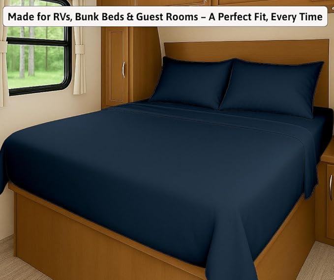 SlumberWell 4 Piece Luxury Soft Microfiber Fitted Bed Sheet Set for Campers 8 to 12 Inch Deep Pocket RV Short Queen 60 x 75 Navy Blue