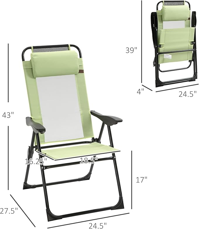 Folding Patio Chairs Set of 2 Outdoor Deck Chair with Adjustable Sling Back Camping Chair with Removable Headrest for Garden Backyard Lawn (Green)