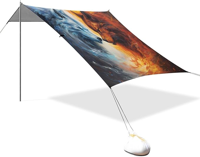 ALAZA Ice Wolf &amp Fire Wolf Beach Tent Sun Shelter UPF50+ Protection Beach Shade Canopy w/ 4 Sandbags for Outdoor Camping Fishing Backyard Fun Picnic 10x9 ft