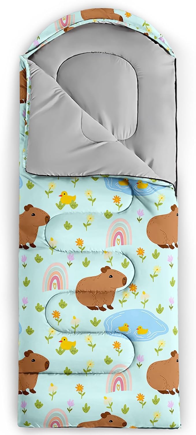 Kawaii Capybara Sleeping BagRainbow Duck Floral Compact Waterproof Camping Bag for Kids Girls BoysCute Cartoon Capibara Warm Backpacking for Traveling Outdoor Hiking Camping Gear Equipment