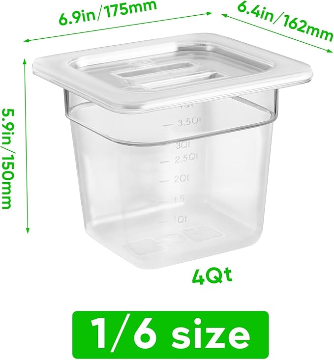 6 Pack 1/6 Size 6'' Deep Clear Food Pans with Lids Commercial Food Pans Polycarbonate Transparent Food Storage Containers Stackable Plastic Pan with Capacity Scale Restaurant Supplies Hotel Pan