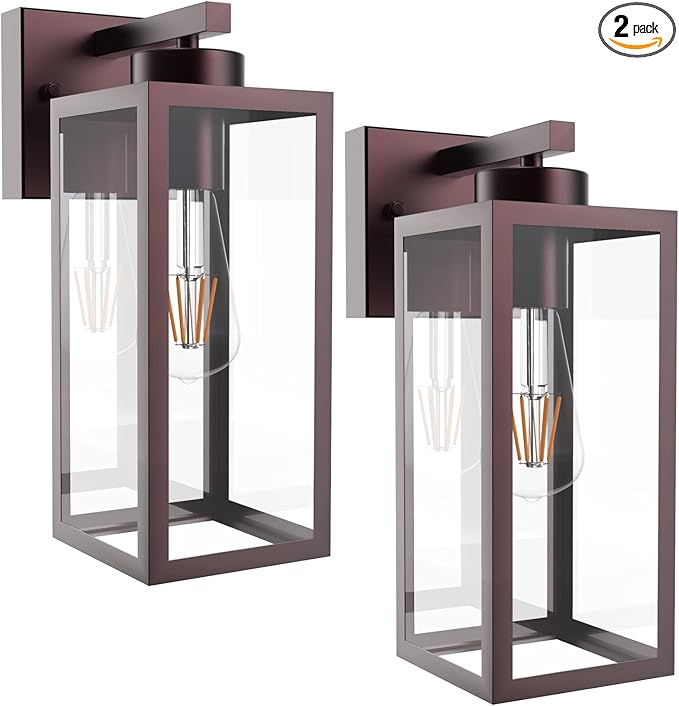 Tipace Outdoor Wall Lantern 2 Pack Brown Exterior Wall Sconce with Clear Glass Shade Wall Mount Lights for EntrywayPorchDoorway(Bulb Not Included)