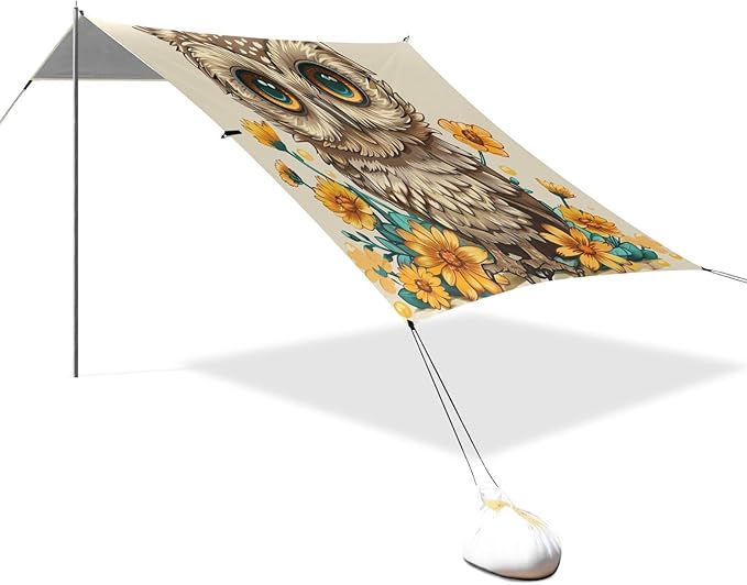 ALAZA Cute Owl Flowers Beach Tent Sun Shelter UPF50+ Protection Beach Shade Canopy w/ 4 Sandbags for Outdoor Camping Fishing Backyard Fun Picnic 10x9 ft