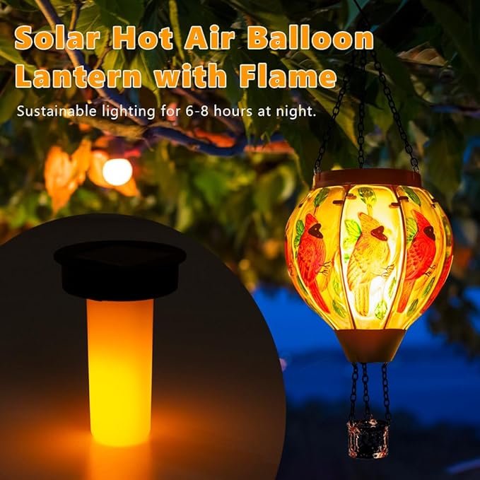 2 PCS Cardinal Hot Air Balloon Solar Lantern with Flickering Flame LightGlass Hanging Solar Lights Outdoor Waterproof for Patio Yard Party Gift Decor